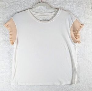 289-Joe Fresh White Top with Tan Ruffle Sleeves‎